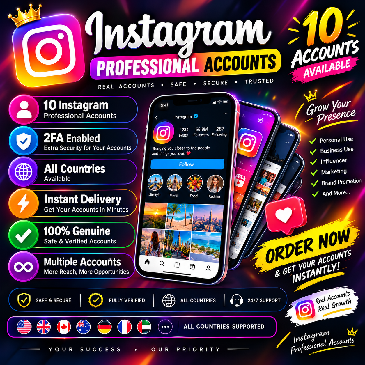 Instagram Professional Accounts – 10 Accounts | 2FA Enabled | All Countries